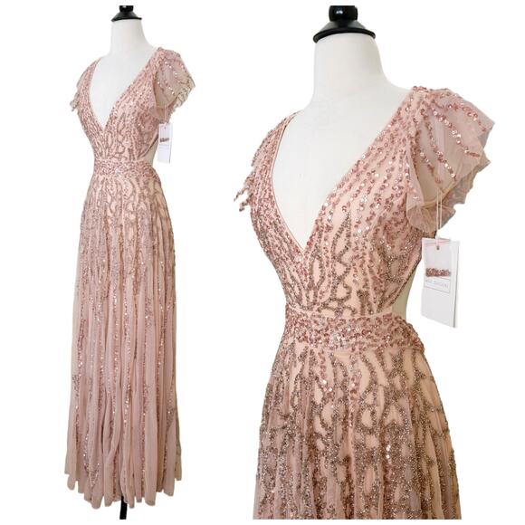 Mac Duggal 5682 14 Apricot Peach Pink Sequin Beaded Embellished Long Gown Dress - Picture 5 of 13